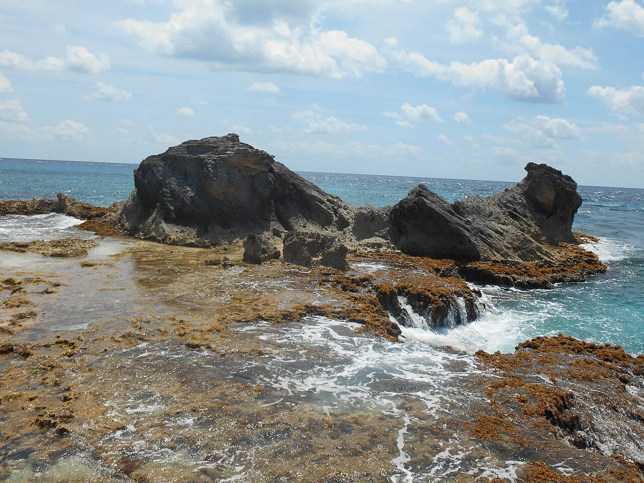 Rocas volcánicas y oleaje sobre la costa rocosa de Punta Sur, Isla Mujeres