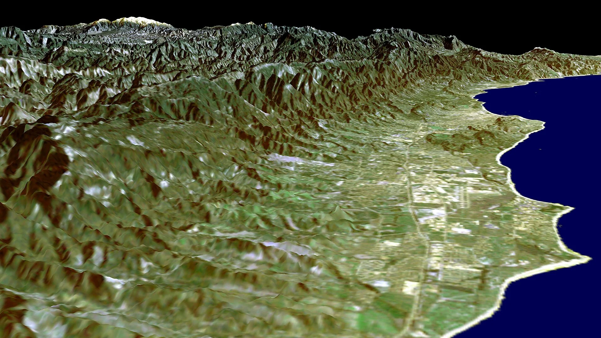 Vista topográfica en 3D de la NASA de la costa de Santa Bárbara y las montañas de Santa Ynez