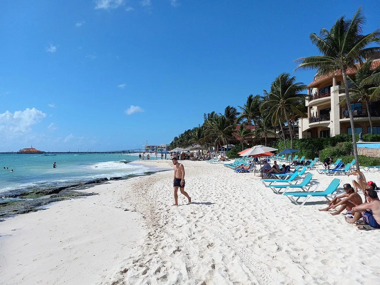Playa con camastros y palmeras en Playa del Carmen, con un muelle y un ferry al fondo