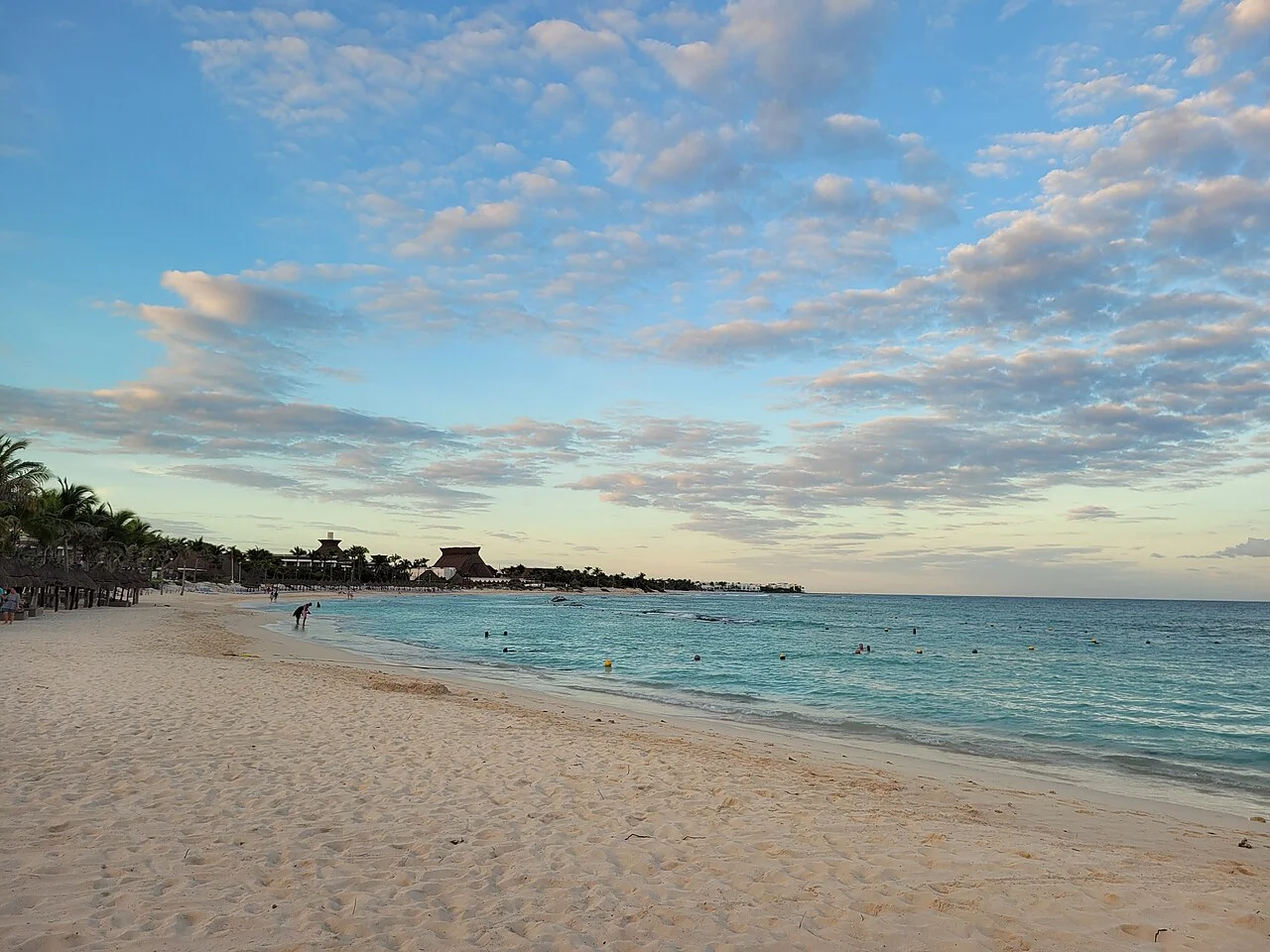 Playa amplia de arena clara con mar en calma y palmeras al fondo durante el atardecer