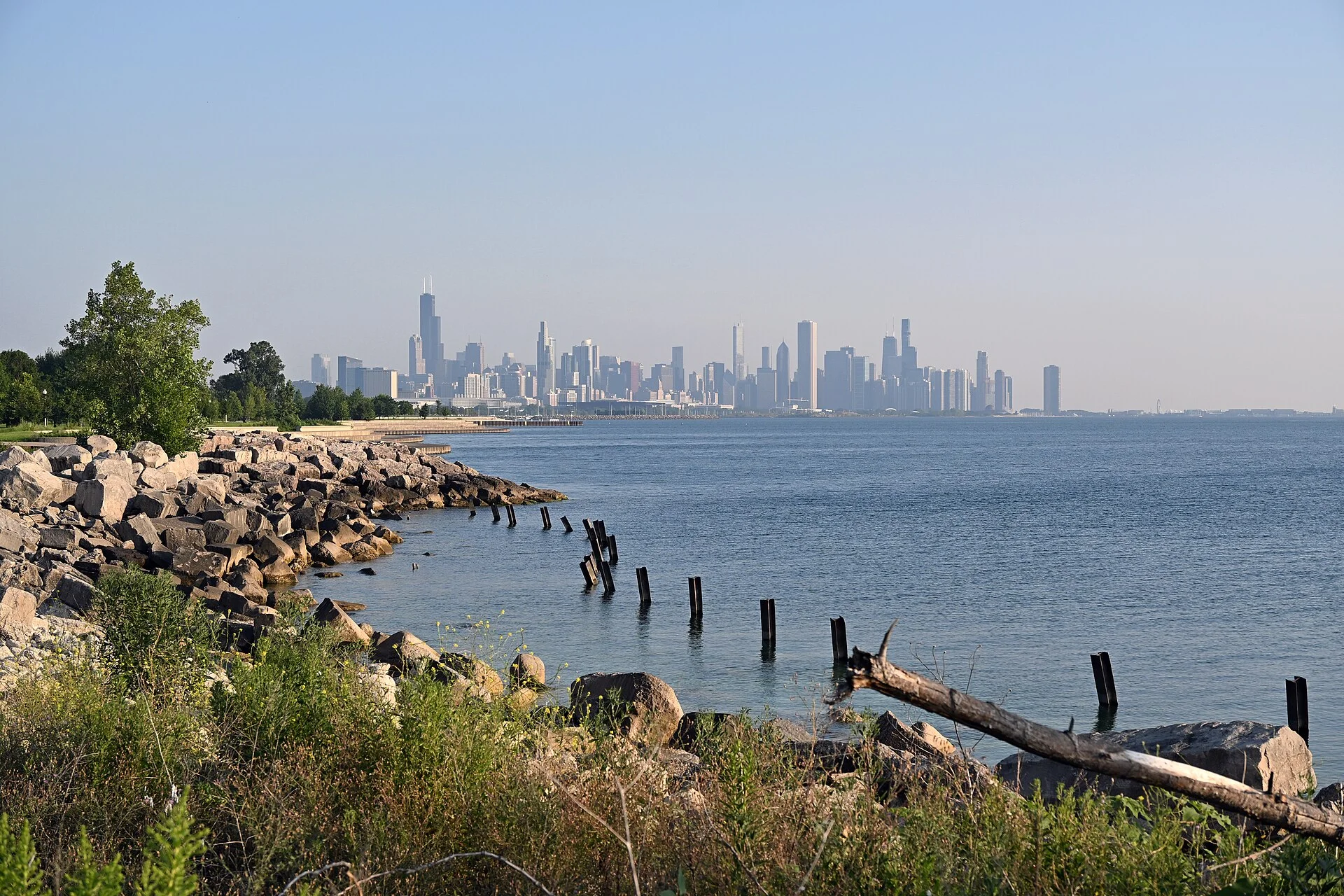 Silueta lejana de los rascacielos de Chicago desde una orilla rocosa con vegetación al amanecer